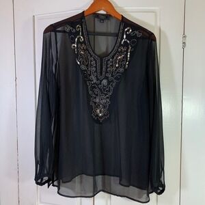 Dressbarn Collection Sheer Black Beaded Tunic Womens Large Boho Party Whimsigoth